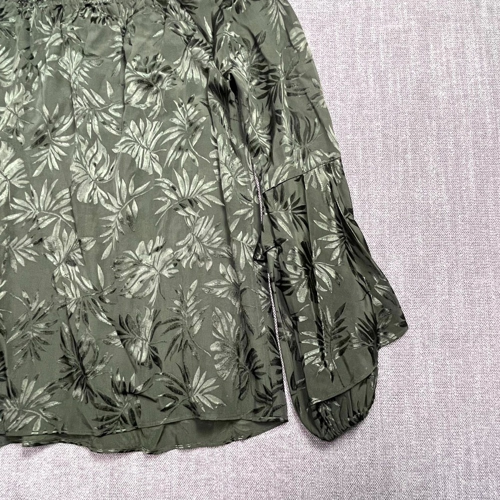 Michael Kors Blouse Top Womens Large Olive Green Floral Ruffle Sleeve Boat Neck - Picture 12 of 14